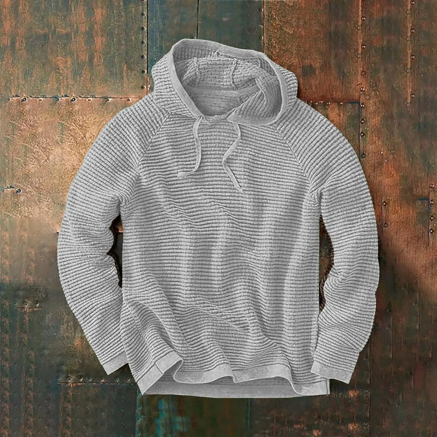 Waffle Hooded Sweatshirt for Men Long Sleeve Gym Athletic Hoodies Pure Color Drawstring Casual Pullover Tops