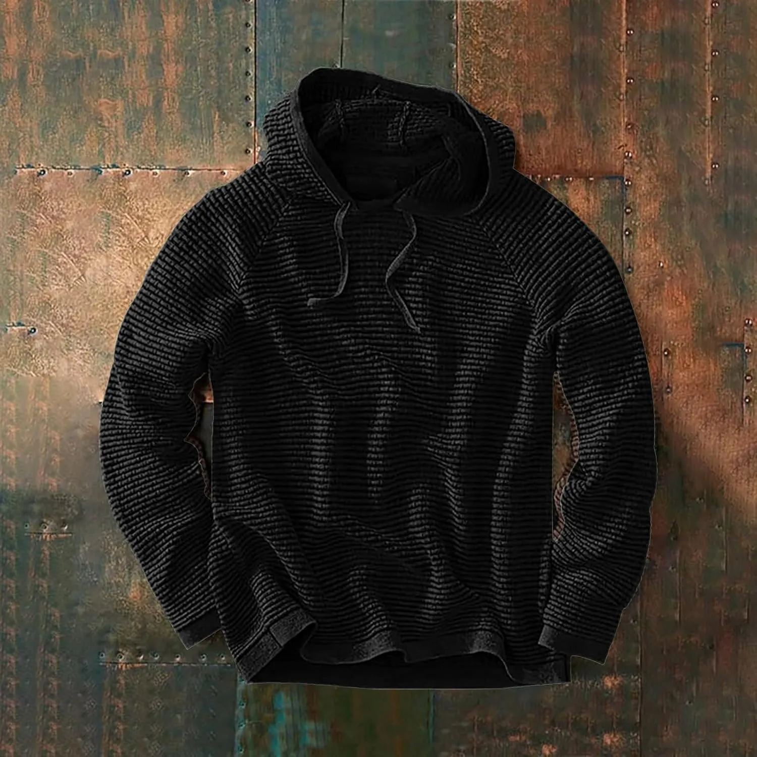 Waffle Hooded Sweatshirt for Men Long Sleeve Gym Athletic Hoodies Pure Color Drawstring Casual Pullover Tops