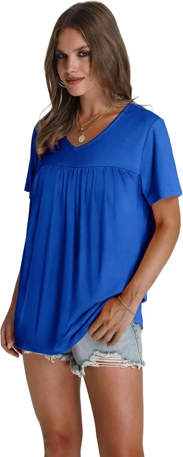 WEESO Womens T Shirts Short Sleeve Pleated Dressy Casual V Neck Summer Tops Blouses