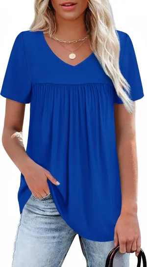 WEESO Womens T Shirts Short Sleeve Pleated Dressy Casual V Neck Summer Tops Blouses