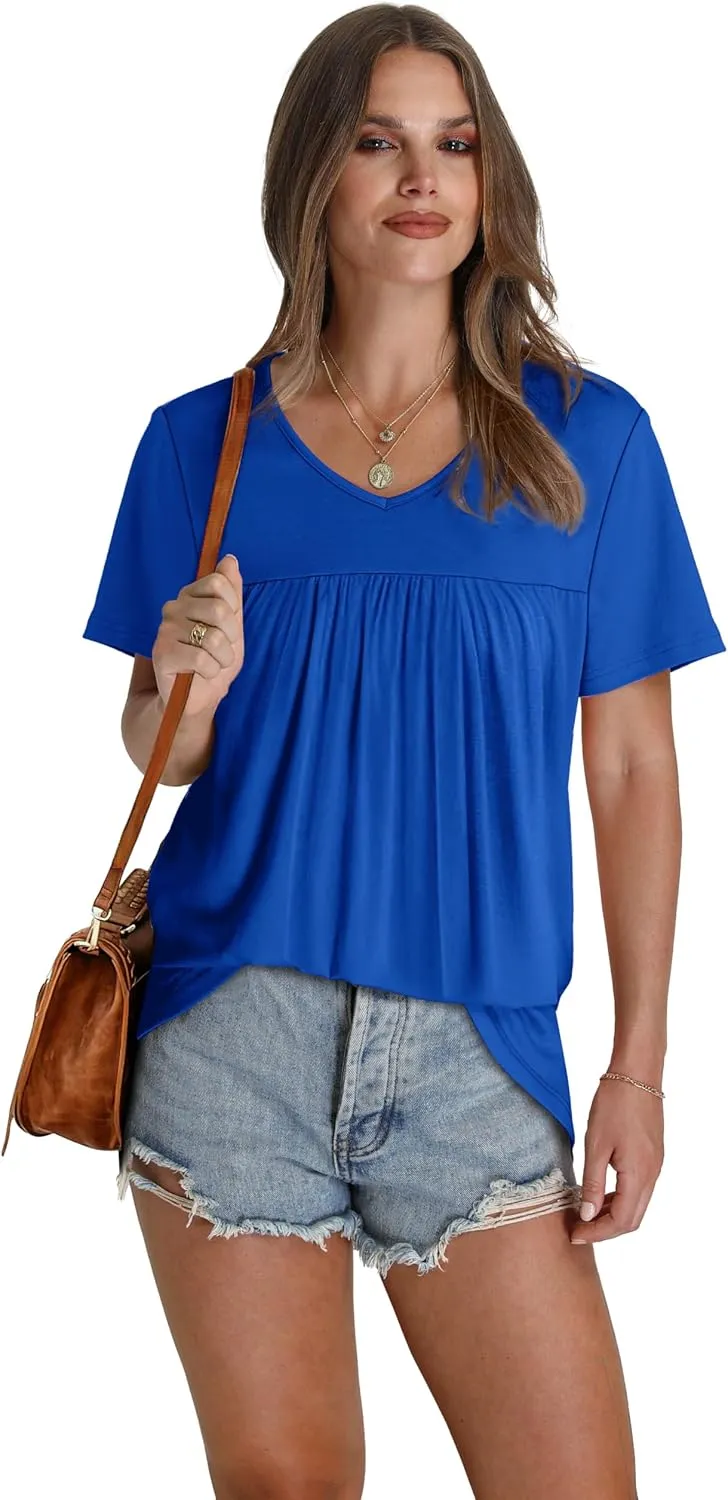 WEESO Womens T Shirts Short Sleeve Pleated Dressy Casual V Neck Summer Tops Blouses