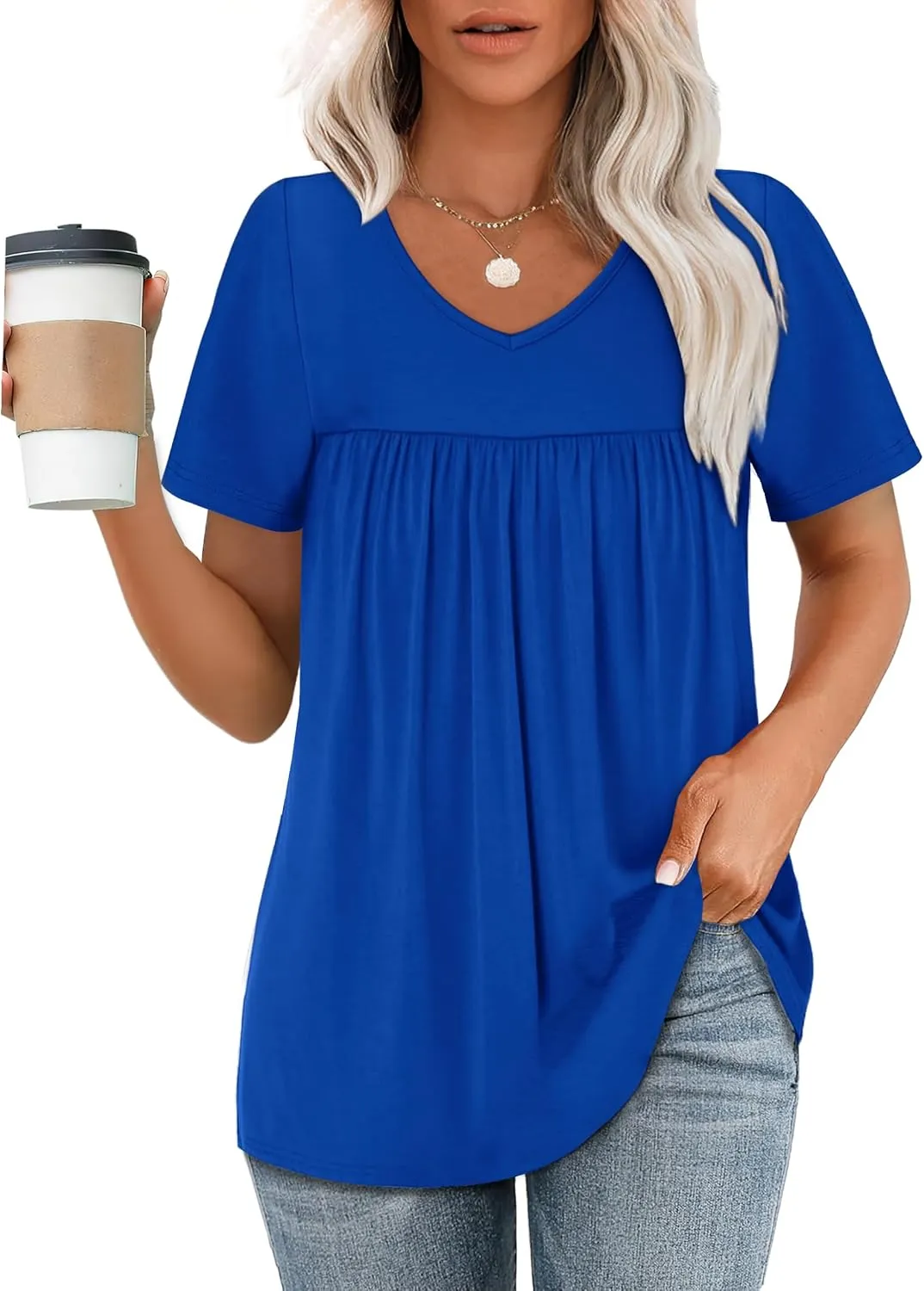 WEESO Womens T Shirts Short Sleeve Pleated Dressy Casual V Neck Summer Tops Blouses