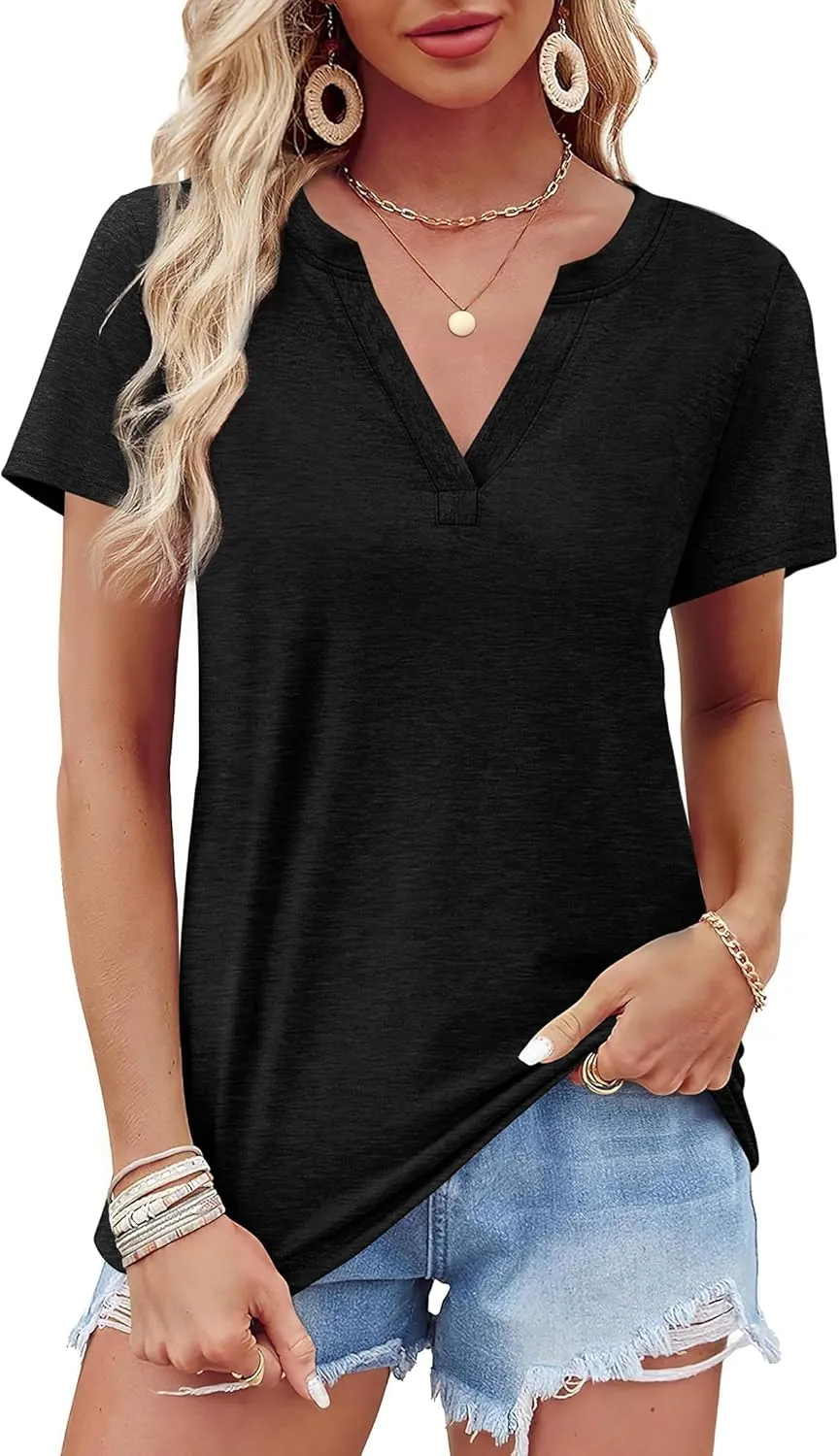 WEESO Womens Tops Summer Short Sleeve V Neck Blouses Business Casual Loose Fit Tshirts Trendy Fashion Outfits