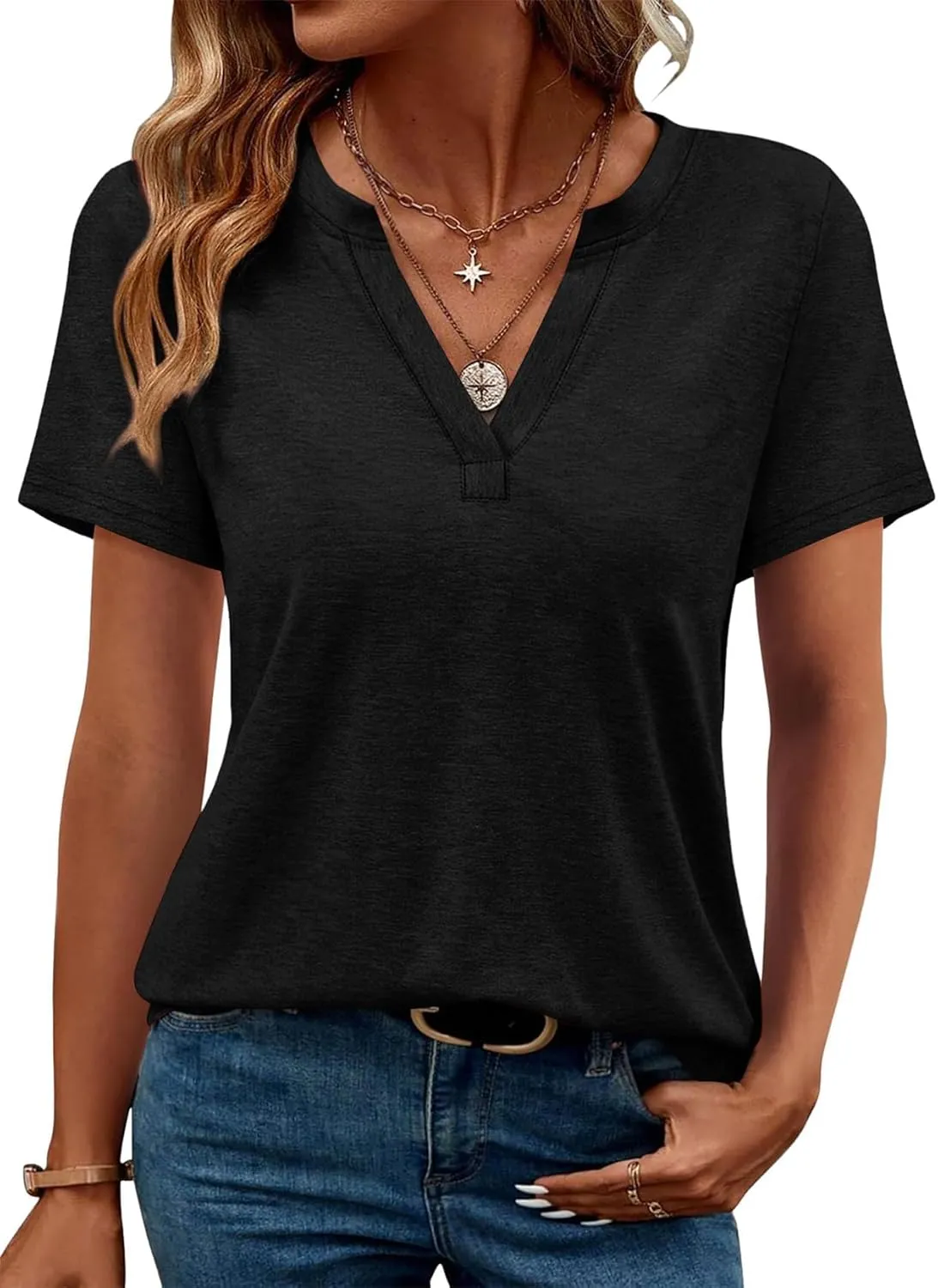 WEESO Womens Tops Summer Short Sleeve V Neck Blouses Business Casual Loose Fit Tshirts Trendy Fashion Outfits