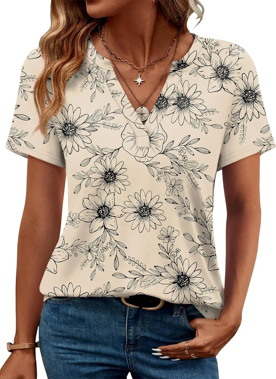 WEESO Womens Tops Summer Short Sleeve V Neck Blouses Business Casual Loose Fit Tshirts Trendy Fashion Outfits
