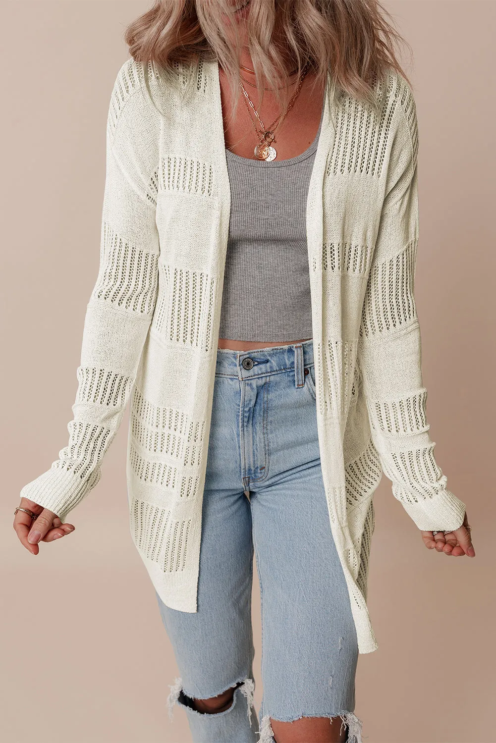 White Striped Open Knit Cozy Cardigan