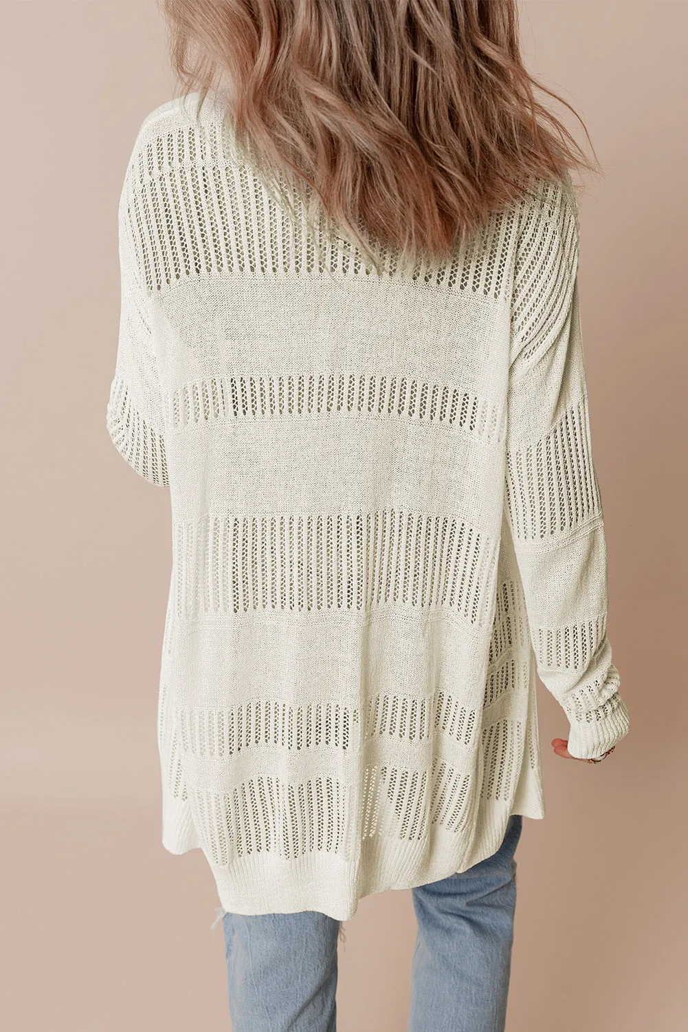 White Striped Open Knit Cozy Cardigan
