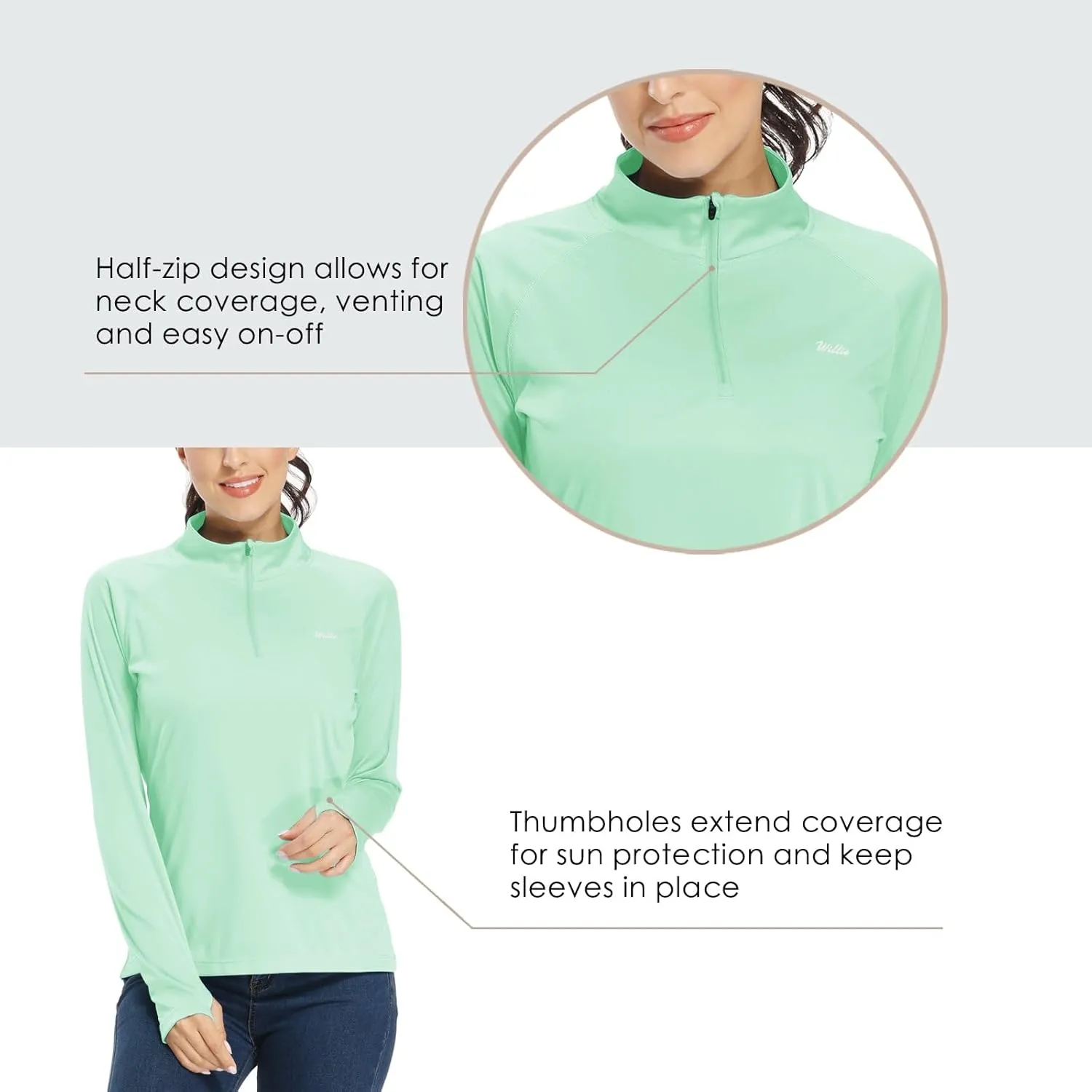 Willit Women's UPF 50  Sun Protection Shirt SPF Long Sleeve Lightweight Half-Zip Golf Outdoor Shirt Quick Dry Rash Guard