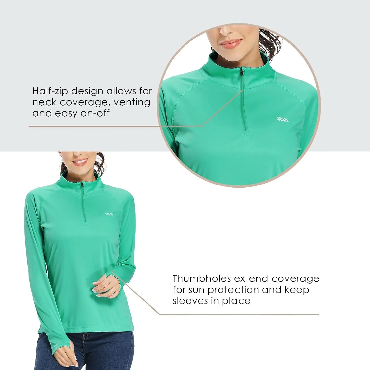 Willit Women's UPF 50  Sun Protection Shirt SPF Long Sleeve Lightweight Half-Zip Golf Outdoor Shirt Quick Dry Rash Guard