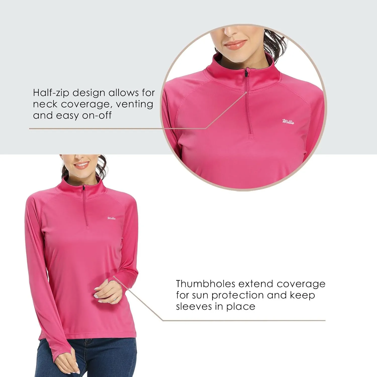 Willit Women's UPF 50  Sun Protection Shirt SPF Long Sleeve Lightweight Half-Zip Golf Outdoor Shirt Quick Dry Rash Guard