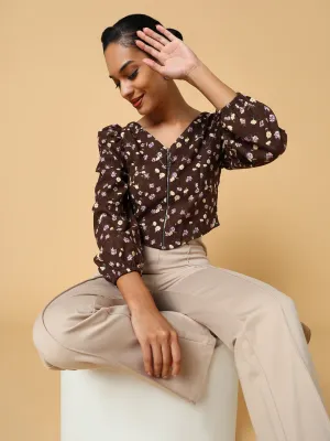 Women Brown Floral Printed Crop Top