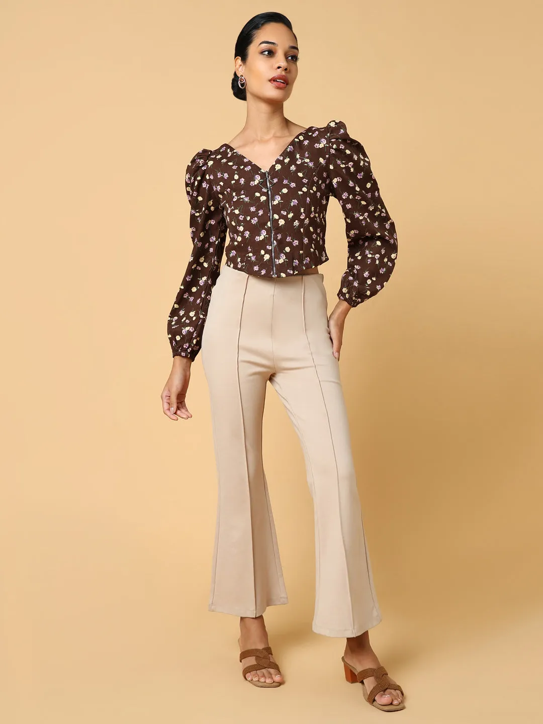 Women Brown Floral Printed Crop Top