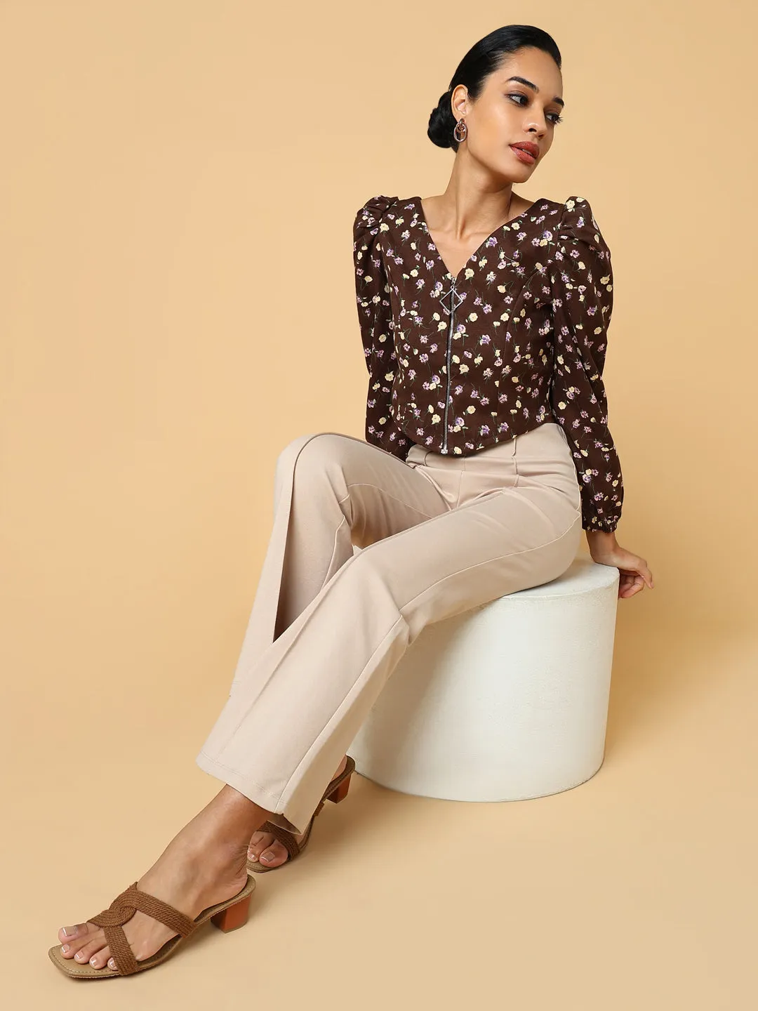 Women Brown Floral Printed Crop Top