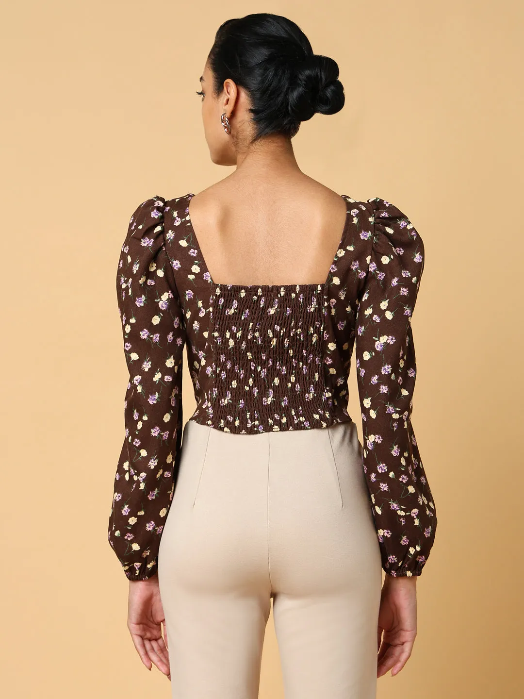 Women Brown Floral Printed Crop Top