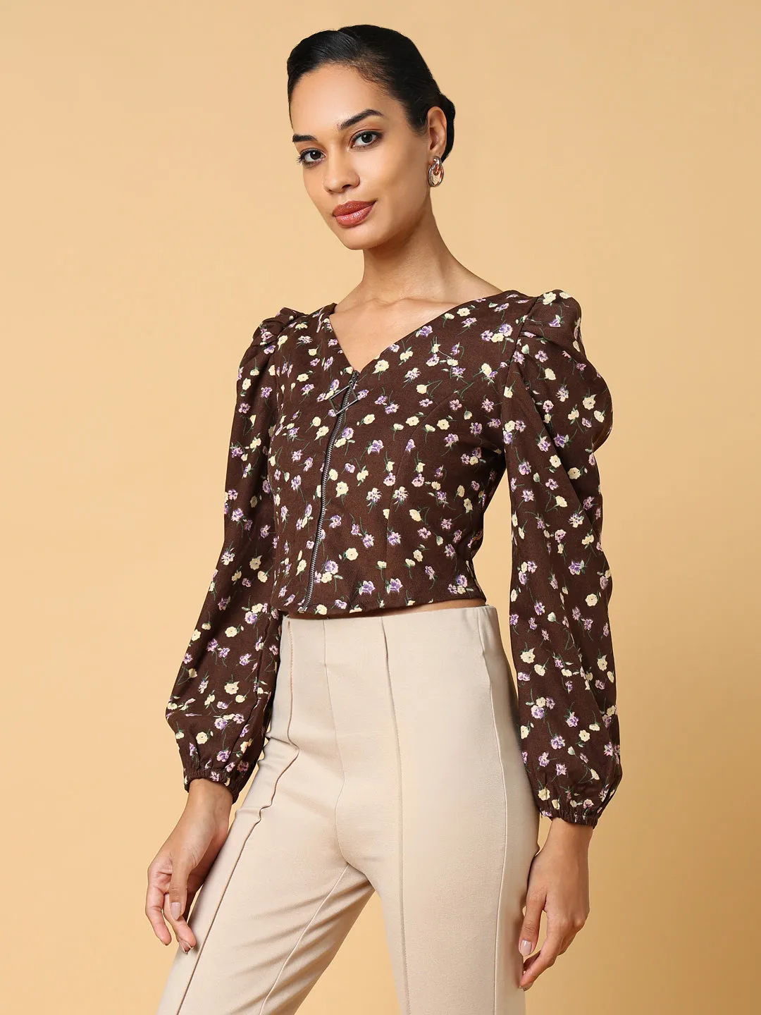 Women Brown Floral Printed Crop Top