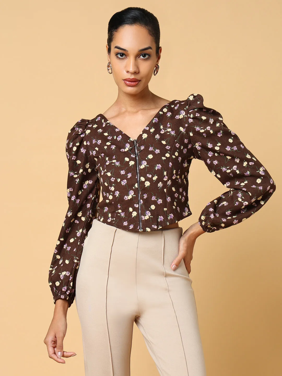Women Brown Floral Printed Crop Top