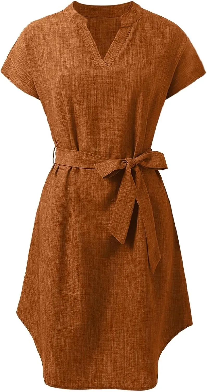 Women Casual Midi Dress Summer Plus Size Solid Color V Neck Short Sleeve Tie Waist Dresses Beach Vacation Clothes Sundress