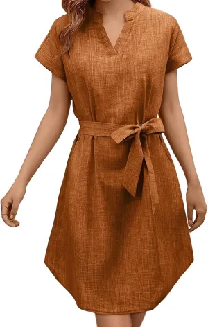 Women Casual Midi Dress Summer Plus Size Solid Color V Neck Short Sleeve Tie Waist Dresses Beach Vacation Clothes Sundress
