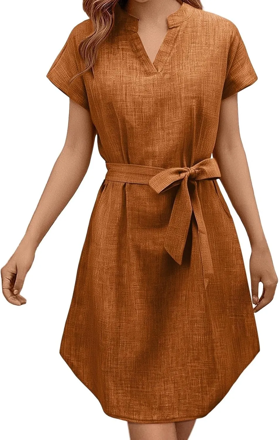 Women Casual Midi Dress Summer Plus Size Solid Color V Neck Short Sleeve Tie Waist Dresses Beach Vacation Clothes Sundress