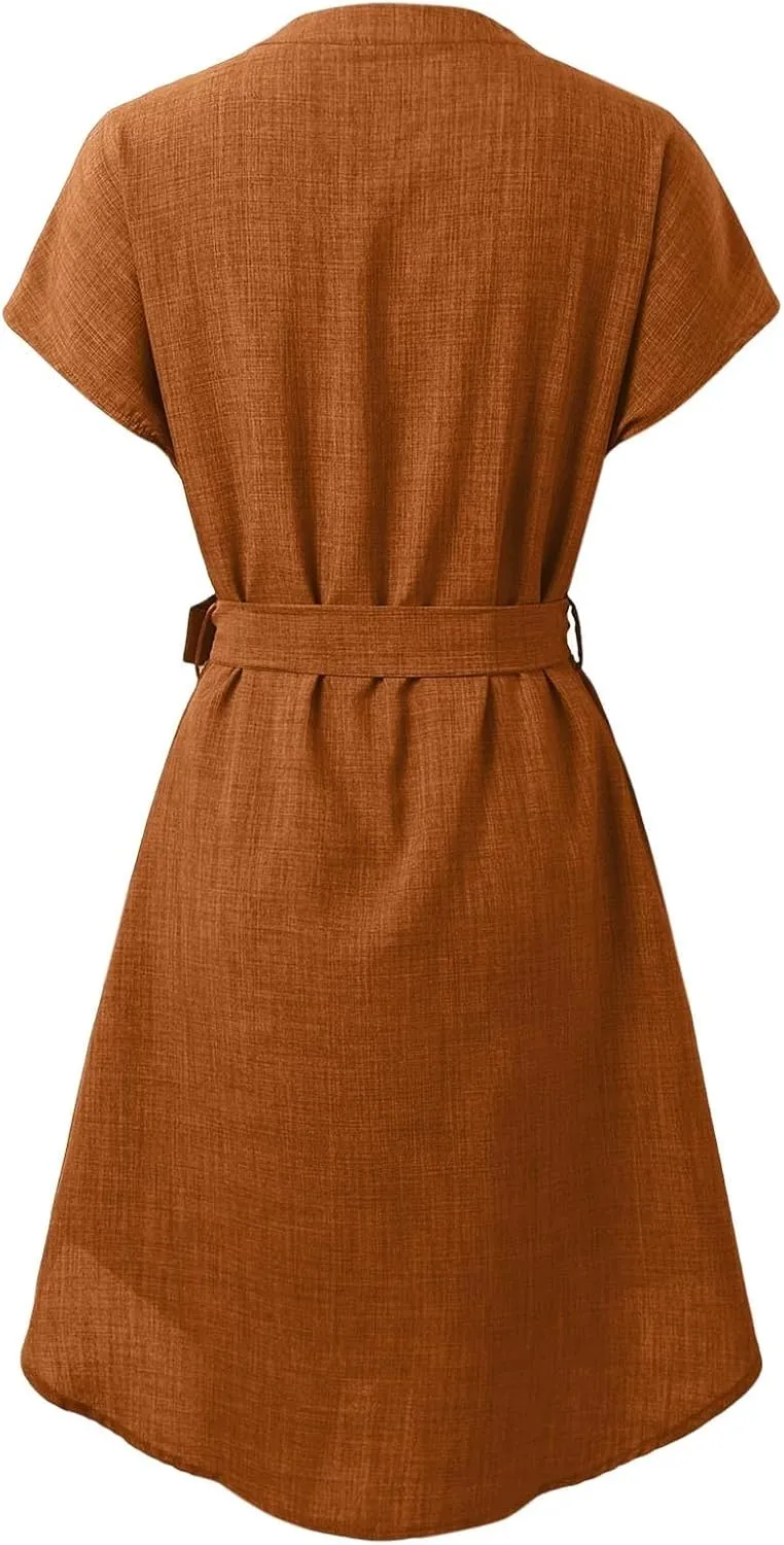 Women Casual Midi Dress Summer Plus Size Solid Color V Neck Short Sleeve Tie Waist Dresses Beach Vacation Clothes Sundress