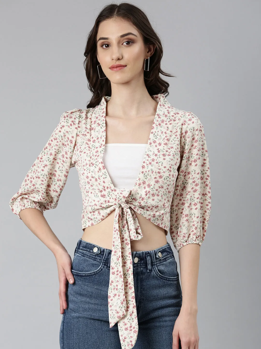 Women Cream Floral Printed Puff Sleeves Wrap Crop Top
