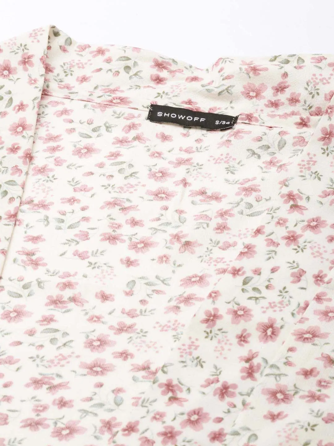 Women Cream Floral Printed Puff Sleeves Wrap Crop Top