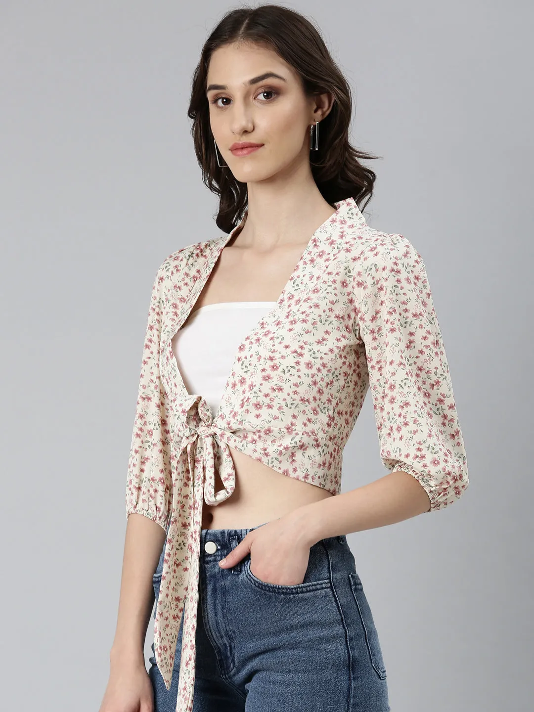 Women Cream Floral Printed Puff Sleeves Wrap Crop Top