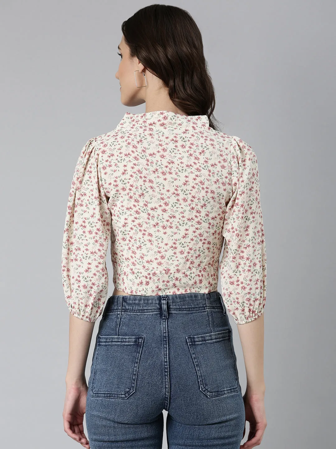 Women Cream Floral Printed Puff Sleeves Wrap Crop Top