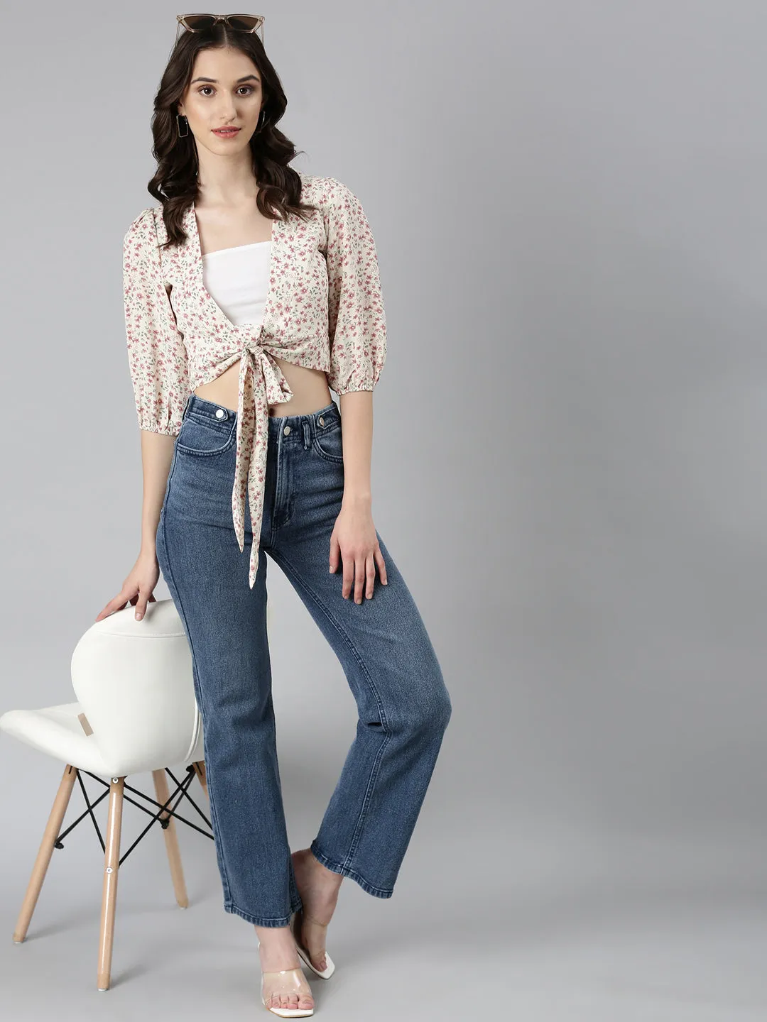 Women Cream Floral Printed Puff Sleeves Wrap Crop Top