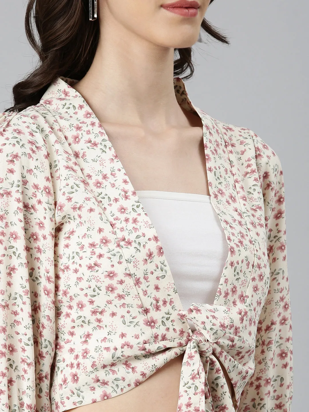 Women Cream Floral Printed Puff Sleeves Wrap Crop Top