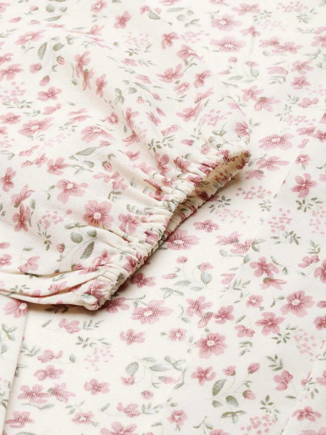 Women Cream Floral Printed Puff Sleeves Wrap Crop Top