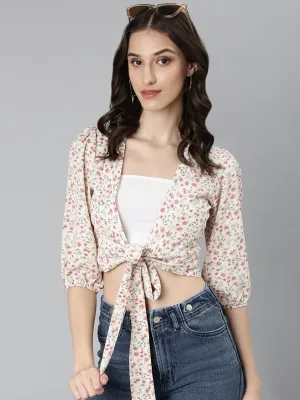 Women Cream Floral Printed Puff Sleeves Wrap Crop Top