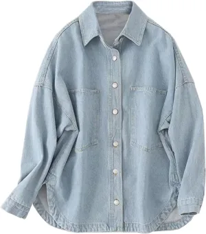 Women Denim Jacket Shacket Long Sleeve Oversize Boyfriend Jean Jacket Shirt