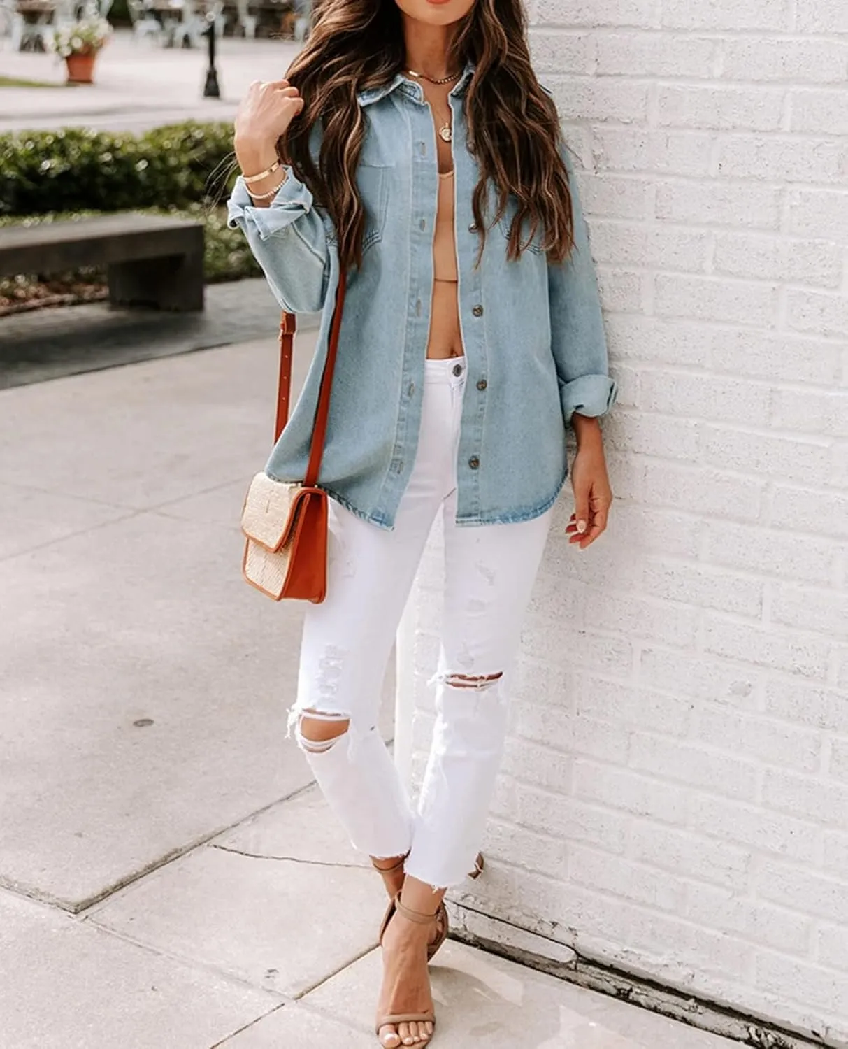 Women Denim Jacket Shacket Long Sleeve Oversize Boyfriend Jean Jacket Shirt