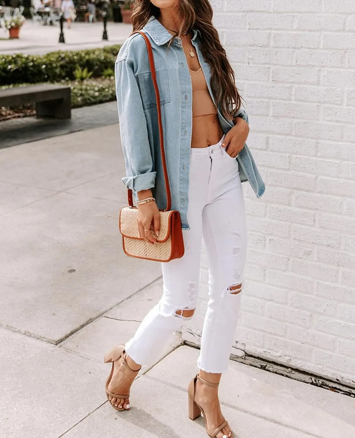 Women Denim Jacket Shacket Long Sleeve Oversize Boyfriend Jean Jacket Shirt