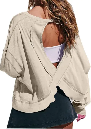 Women Fashionable Backless Workout Tops Crew Neck Long Sleeve Blouses Loose Solid Color Shirt Athletic Crop Tee