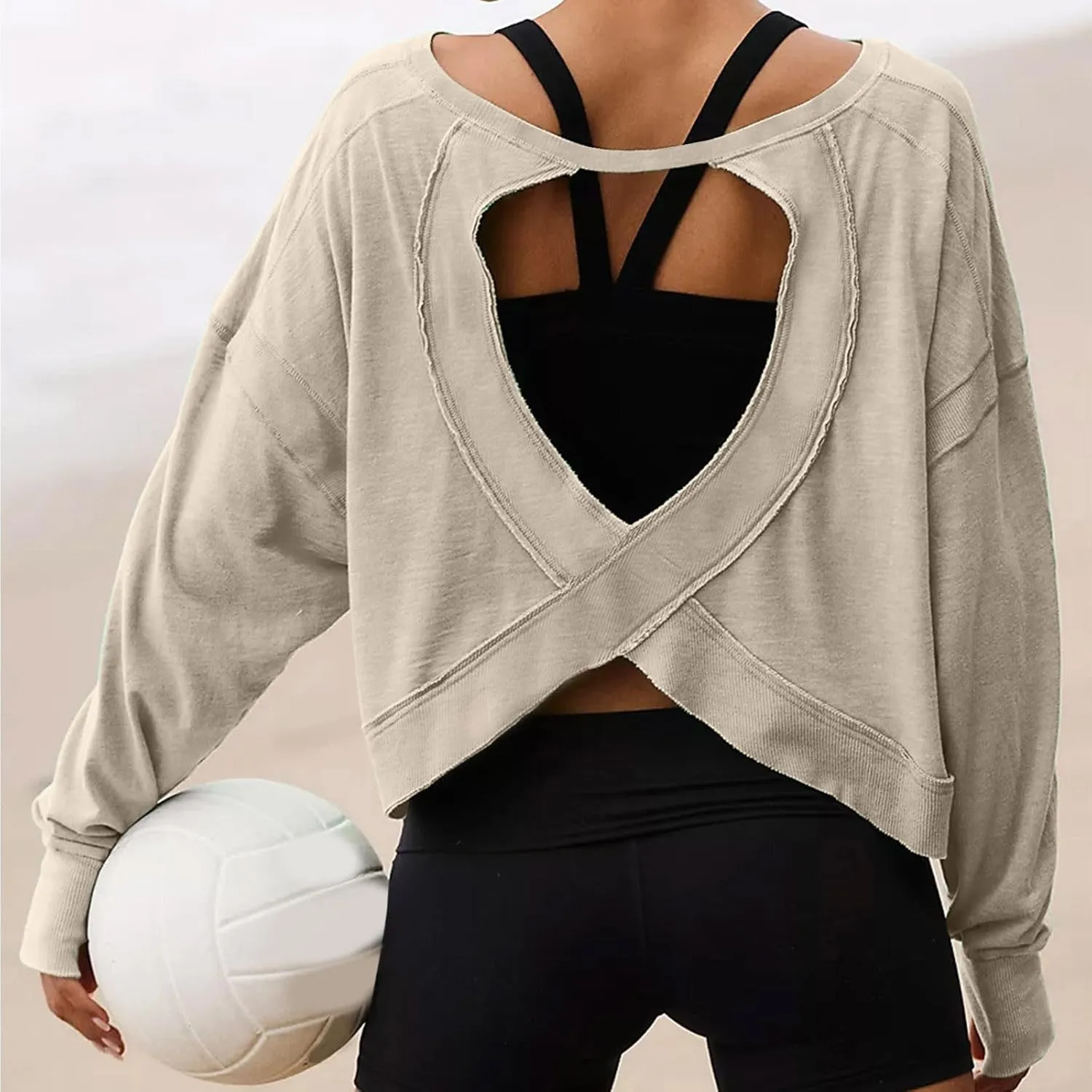 Women Fashionable Backless Workout Tops Crew Neck Long Sleeve Blouses Loose Solid Color Shirt Athletic Crop Tee