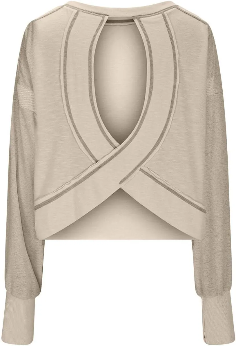 Women Fashionable Backless Workout Tops Crew Neck Long Sleeve Blouses Loose Solid Color Shirt Athletic Crop Tee
