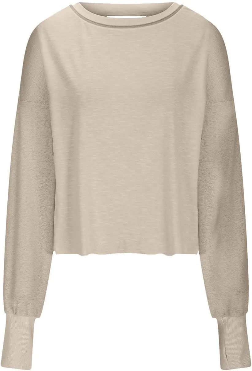 Women Fashionable Backless Workout Tops Crew Neck Long Sleeve Blouses Loose Solid Color Shirt Athletic Crop Tee