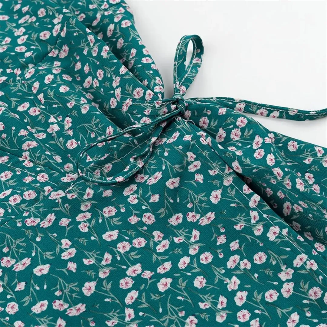 Women Floral Printed Mini Dress Short Sleeve V-Neck Slim High Waisted Lace Up Dresses