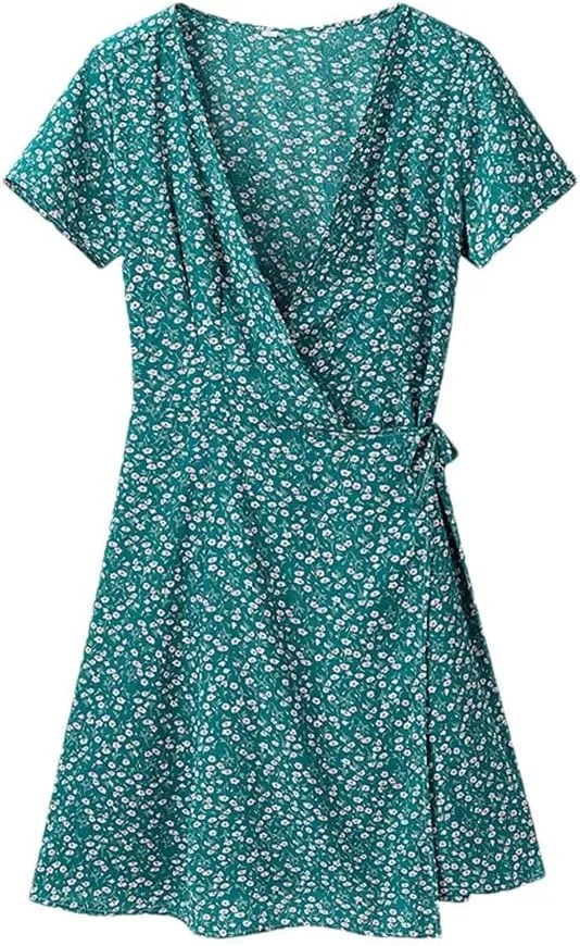 Women Floral Printed Mini Dress Short Sleeve V-Neck Slim High Waisted Lace Up Dresses