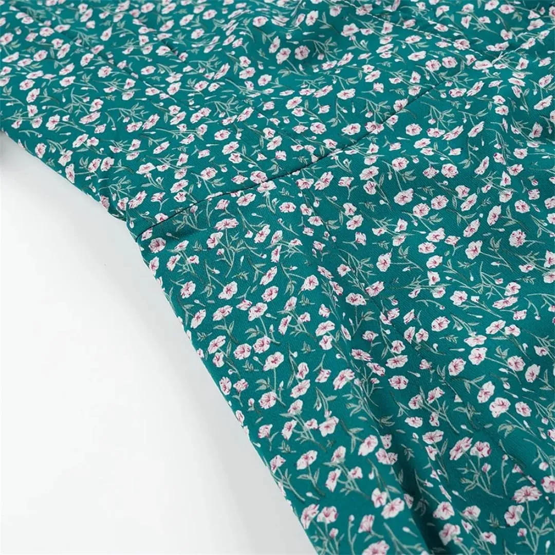 Women Floral Printed Mini Dress Short Sleeve V-Neck Slim High Waisted Lace Up Dresses