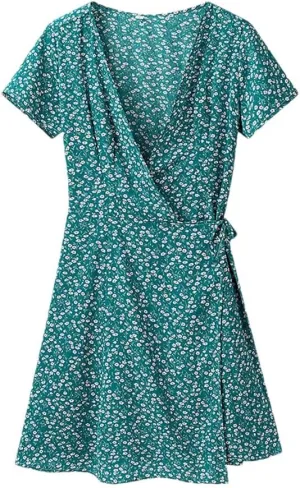 Women Floral Printed Mini Dress Short Sleeve V-Neck Slim High Waisted Lace Up Dresses