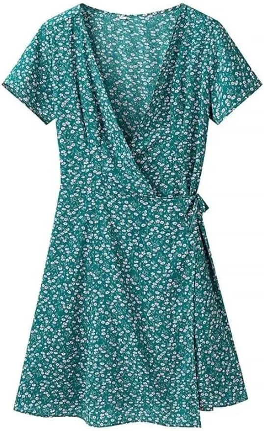 Women Floral Printed Mini Dress Short Sleeve V-Neck Slim High Waisted Lace Up Dresses
