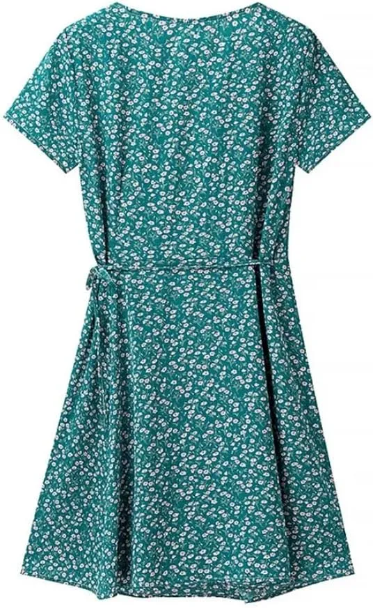 Women Floral Printed Mini Dress Short Sleeve V-Neck Slim High Waisted Lace Up Dresses