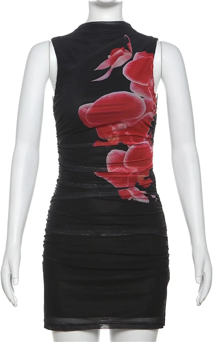 Women Flower Print Mini Dress Sleeveless Ruffles Mesh Stretch Thin Party Clubwear Sheath Bodycon