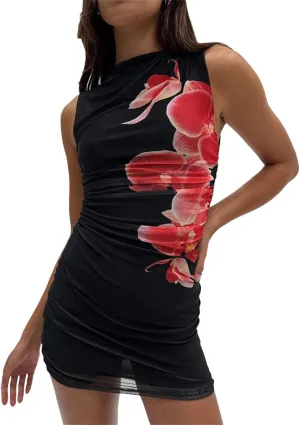 Women Flower Print Mini Dress Sleeveless Ruffles Mesh Stretch Thin Party Clubwear Sheath Bodycon