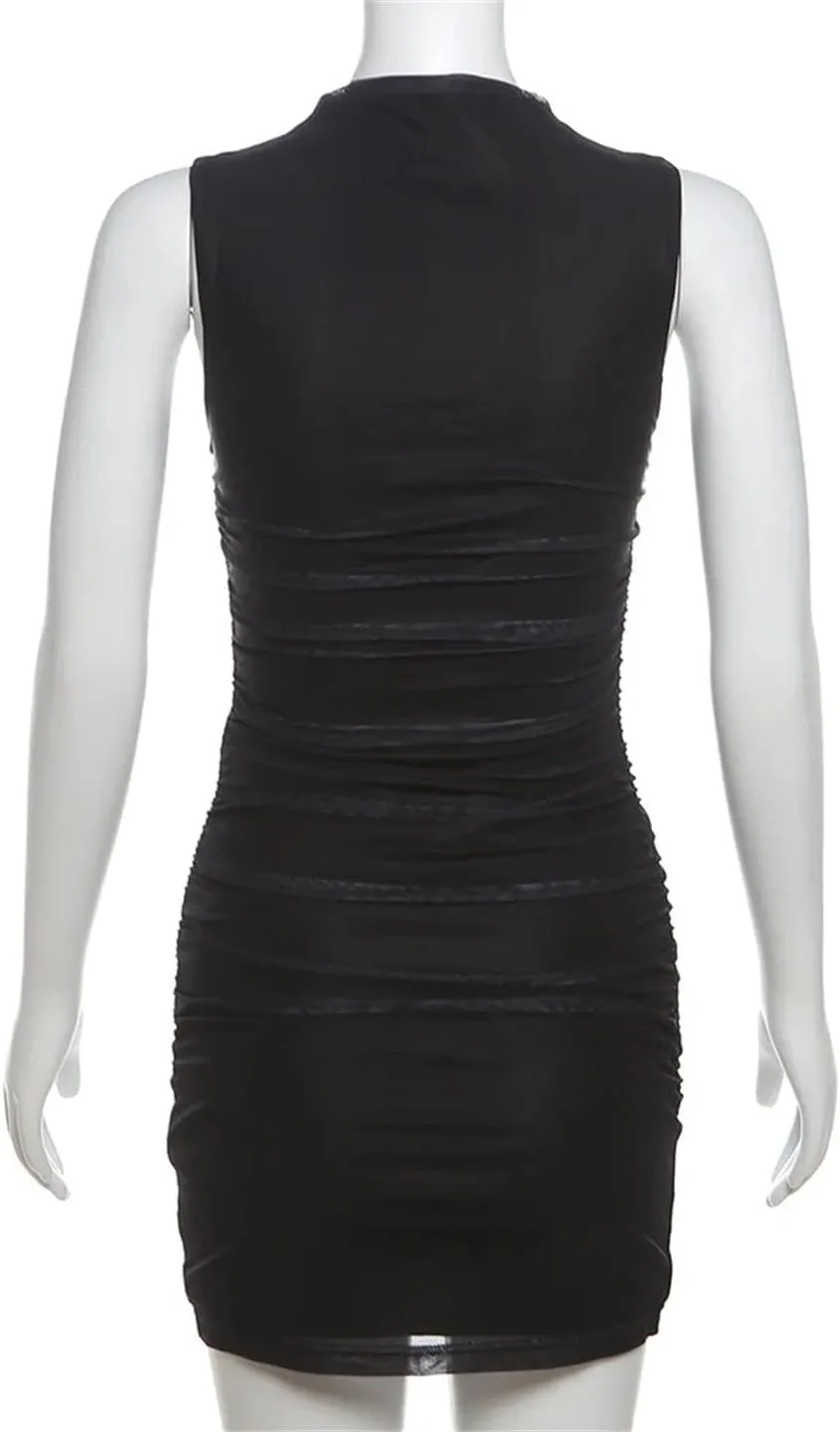 Women Flower Print Mini Dress Sleeveless Ruffles Mesh Stretch Thin Party Clubwear Sheath Bodycon
