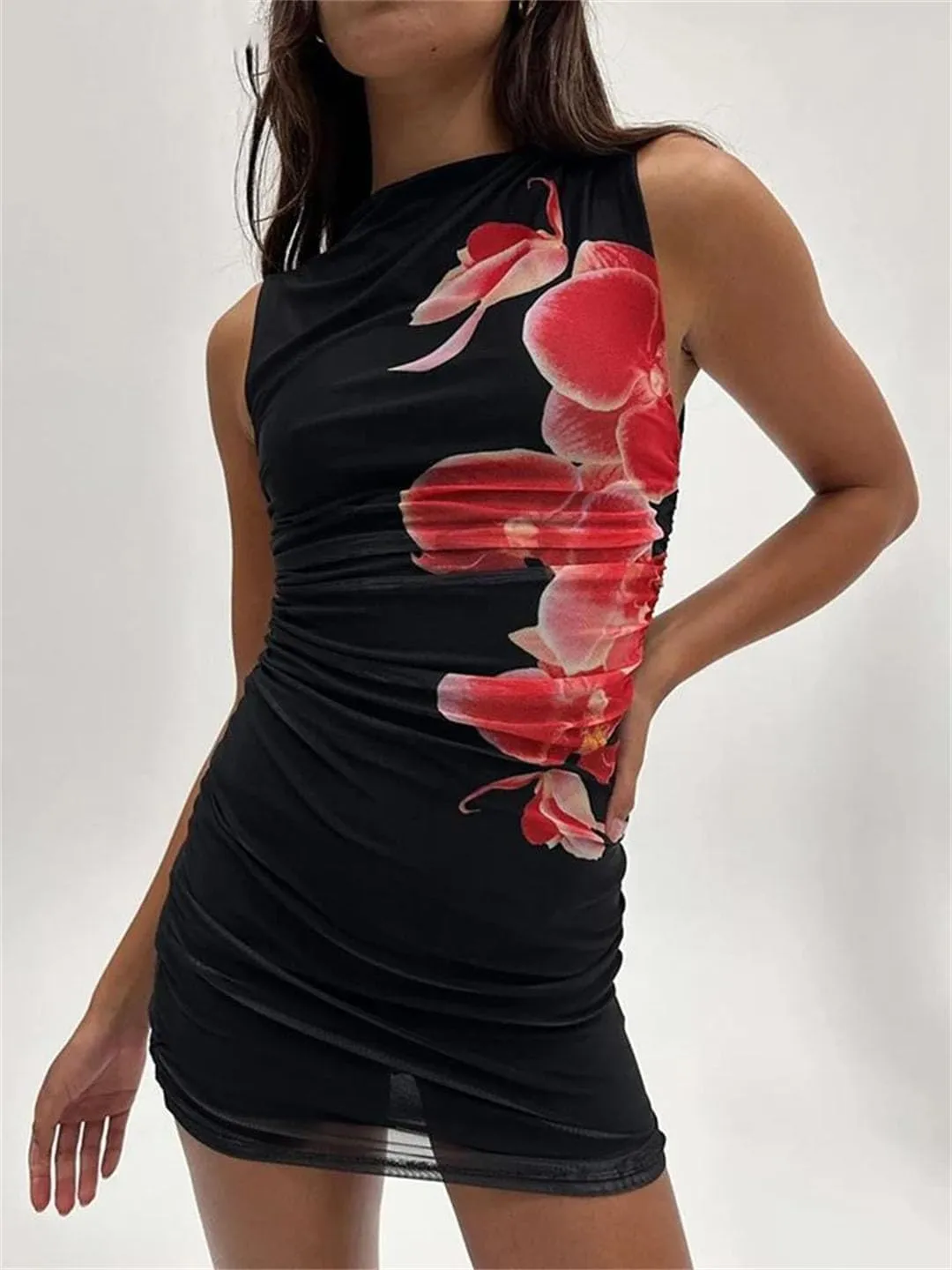 Women Flower Print Mini Dress Sleeveless Ruffles Mesh Stretch Thin Party Clubwear Sheath Bodycon