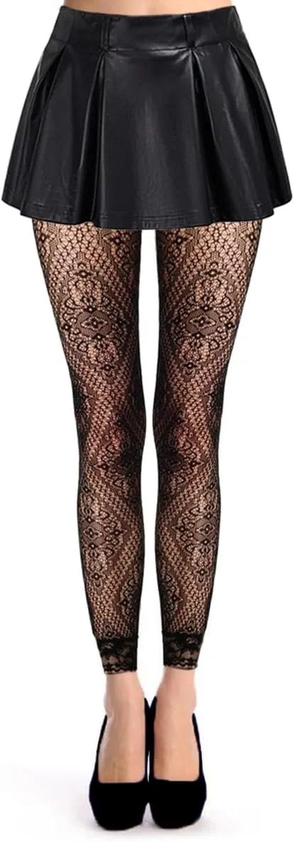 Women High Waist Fishnet Footless Leggings Flower Pattern Footless Tights